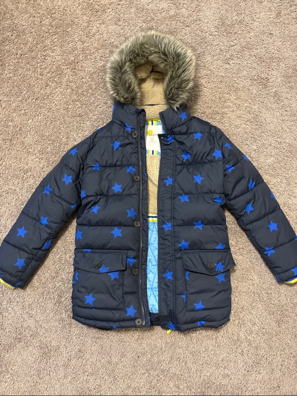 Boden Blue Quilted Star Jacket with Tan Sherpa Lining